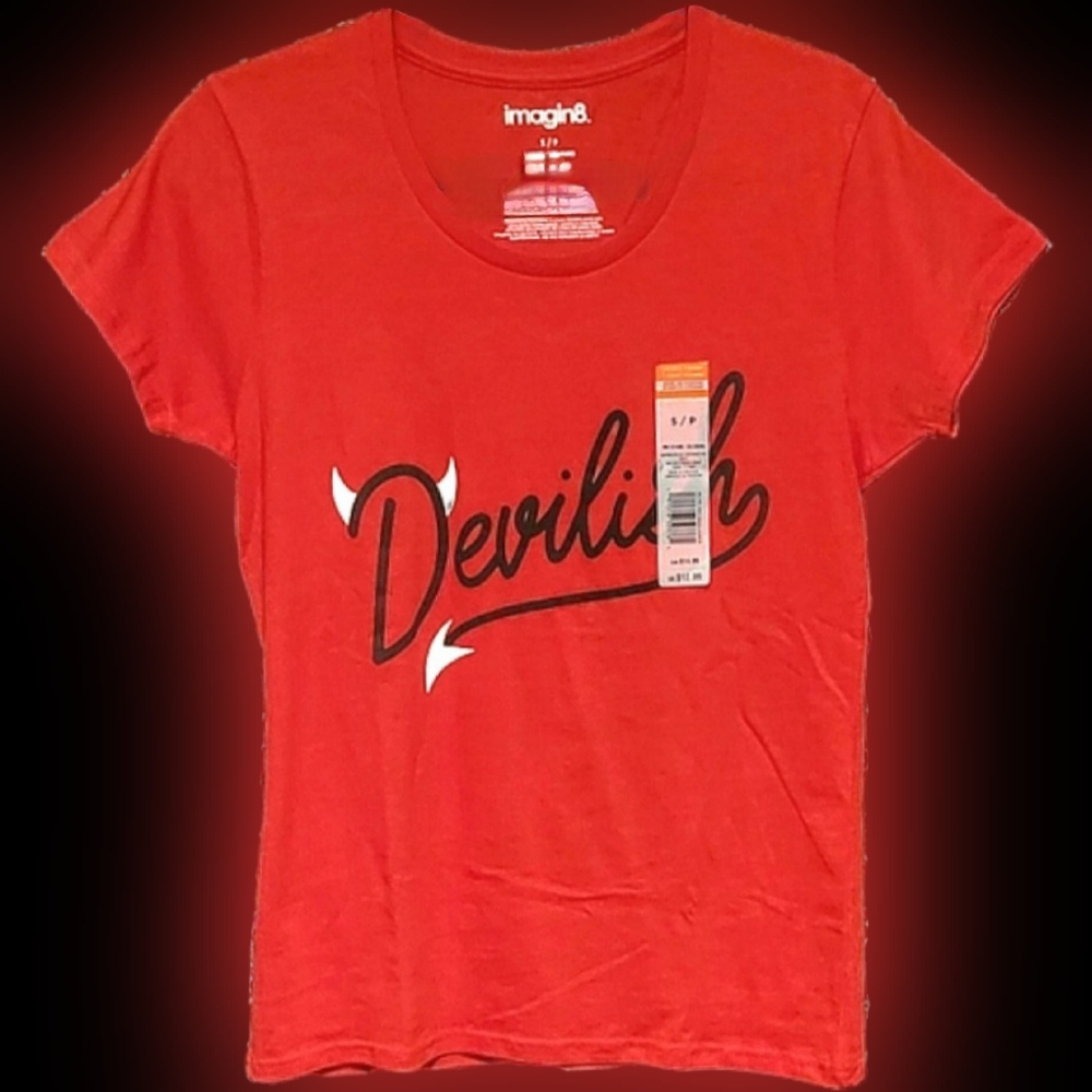 Imagin8 red devil horns & tail Devilish graphics Halloween t shirt S NWT - Picture 6 of 16